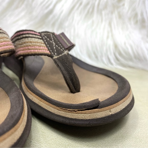 O’Rageous Thong Sandal Low Wedge Style Flip Flops Earthy Neutrals Canvas Stripe - Picture 15 of 15